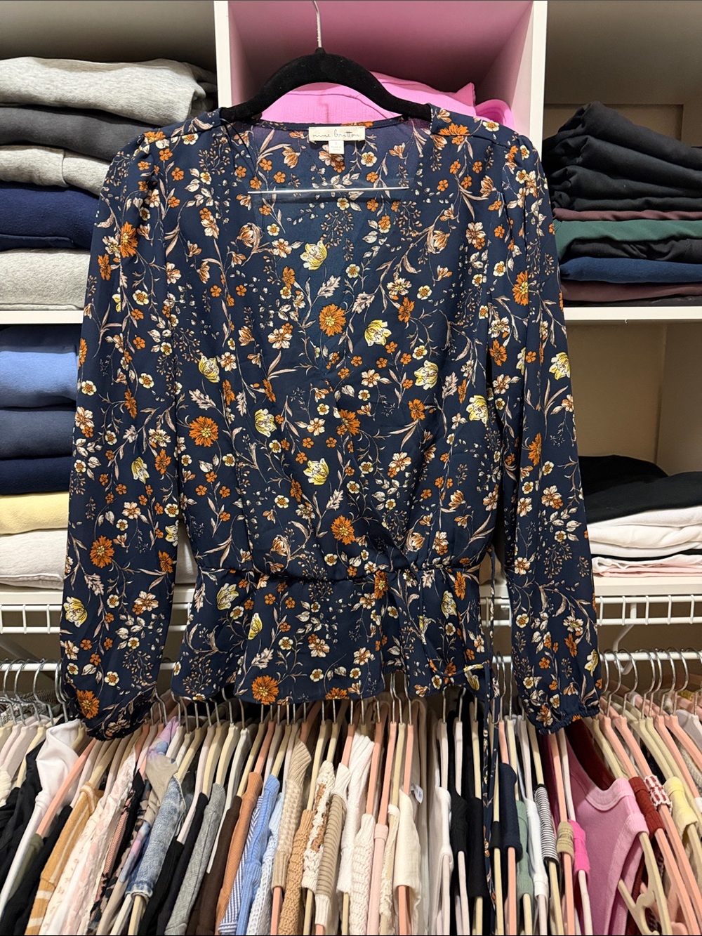 nine britton Navy Floral Tie-Front Long Sleeve Blouse
